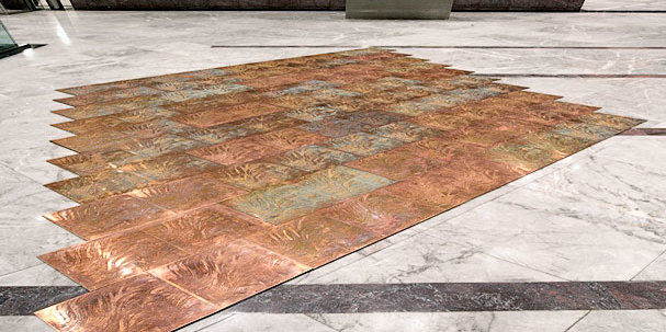 etched copper floor for the artist Grenville Davey manufactured from his design and specification by photo chemical milling the processes also know as photofabrication